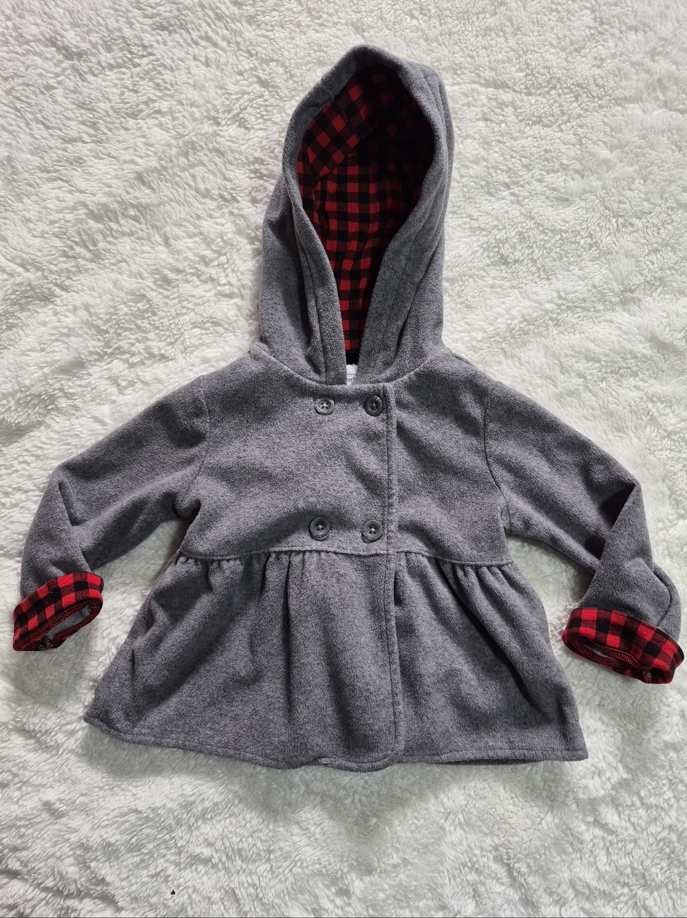 Carter's 12 Month Gray Hooded Baby Coat with Red and Black Plaid Lining
